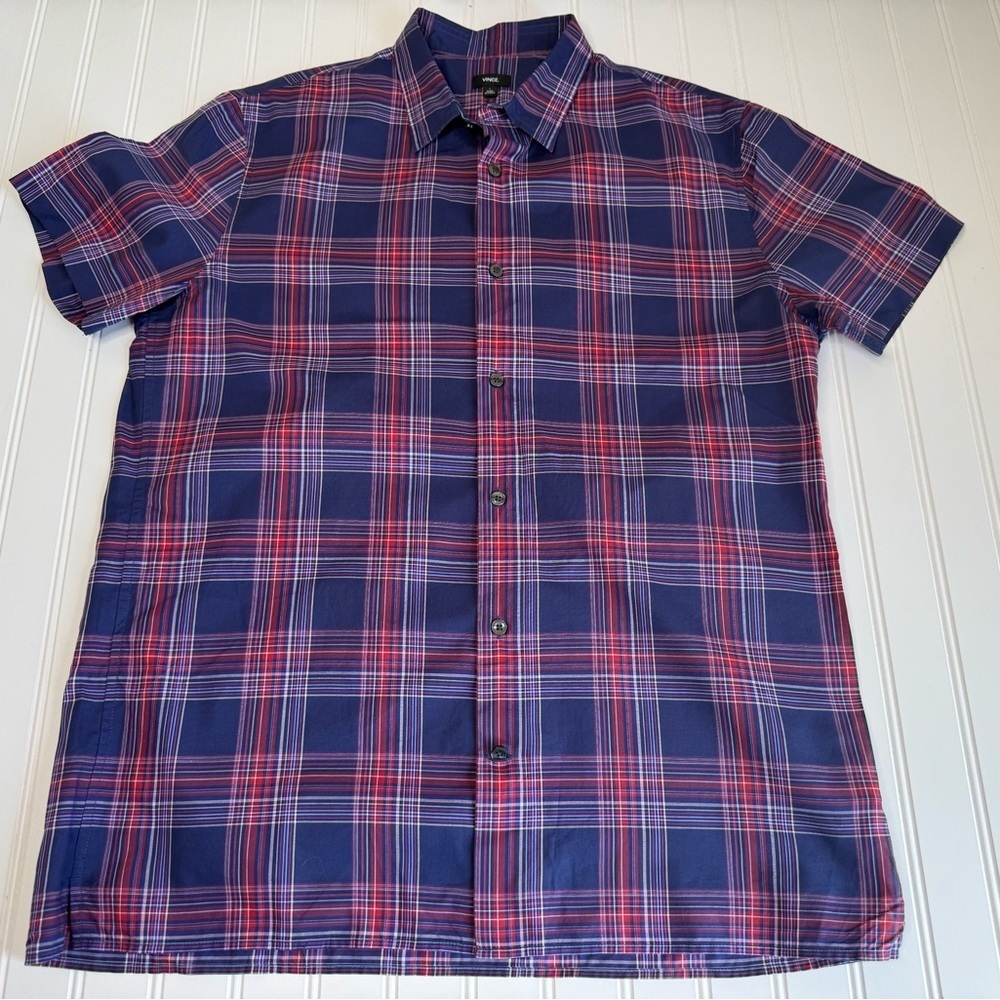 Vince Mens Button Up Large Plaid Camisa Cotton Short Sleeve Slim Fit 795